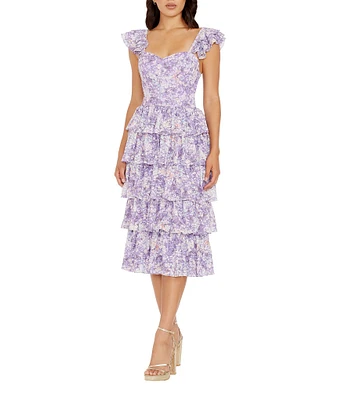 Dress the Population Kristen Sweetheart Neck Tiered Ruffle Midi Dress