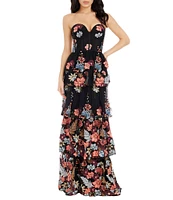 Dress the Population Layana Floral Sequin Strapless Sweetheart Neck Sleeveless Tiered Gown