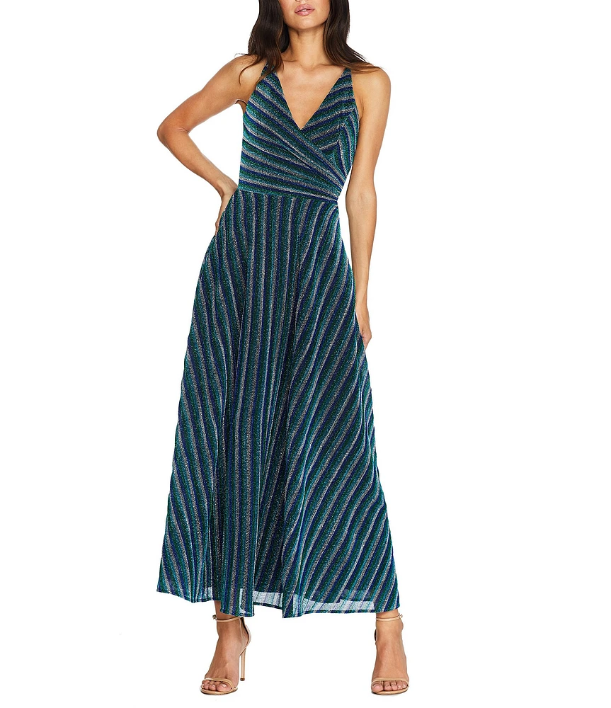 Dress the Population Lena Stripe Print Plunge V-Neck Sleeveless Wrap Bodice A-Line Maxi Dress