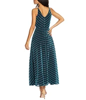 Dress the Population Lena Stripe Print Plunge V-Neck Sleeveless Wrap Bodice A-Line Maxi Dress