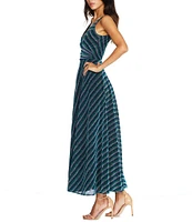 Dress the Population Lena Stripe Print Plunge V-Neck Sleeveless Wrap Bodice A-Line Maxi Dress