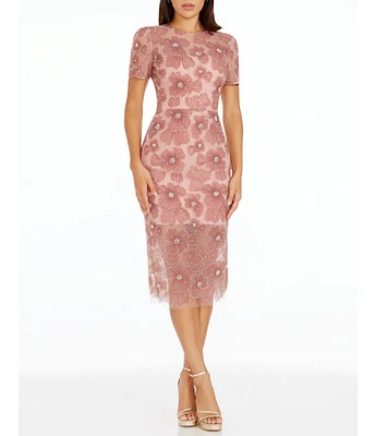 Dress the Population Lia Floral Mesh Crew Neck Short Sleeve Midi Dress