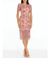 Dress the Population Lia Floral Mesh Crew Neck Short Sleeve Midi Dress