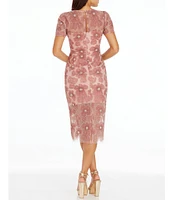 Dress the Population Lia Floral Mesh Crew Neck Short Sleeve Midi Dress