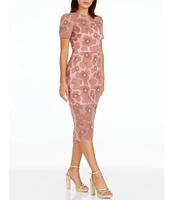 Dress the Population Lia Floral Mesh Crew Neck Short Sleeve Midi Dress
