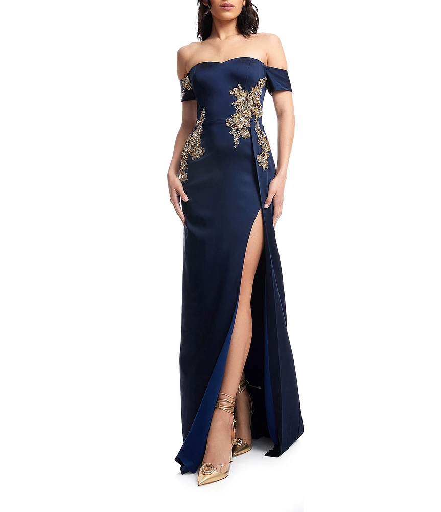 Dress the Population Logan Beaded Off-The-Shoulder Cap Sleeve Mermaid Gown