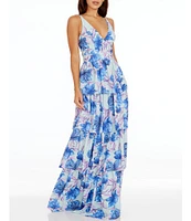 Dress the Population Lorain Floral Print V-Neck Sleeveless Tiered Gown