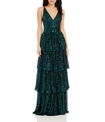 Dress the Population Lorain Sequin V-Neck Sleeveless Tiered Gown