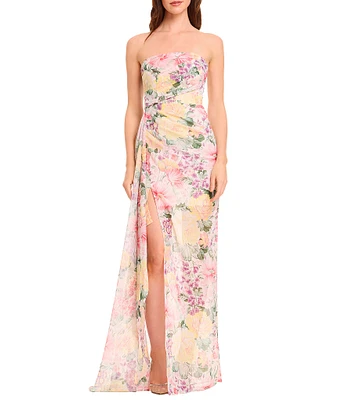 Dress the Population Lulu Strapless Ruched Floral Print Metallic Chiffon Rape Front Illusion Hem Column Gown