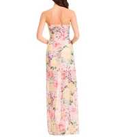 Dress the Population Lulu Strapless Ruched Floral Print Metallic Chiffon Rape Front Illusion Hem Column Gown