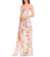 Dress the Population Lulu Strapless Ruched Floral Print Metallic Chiffon Rape Front Illusion Hem Column Gown