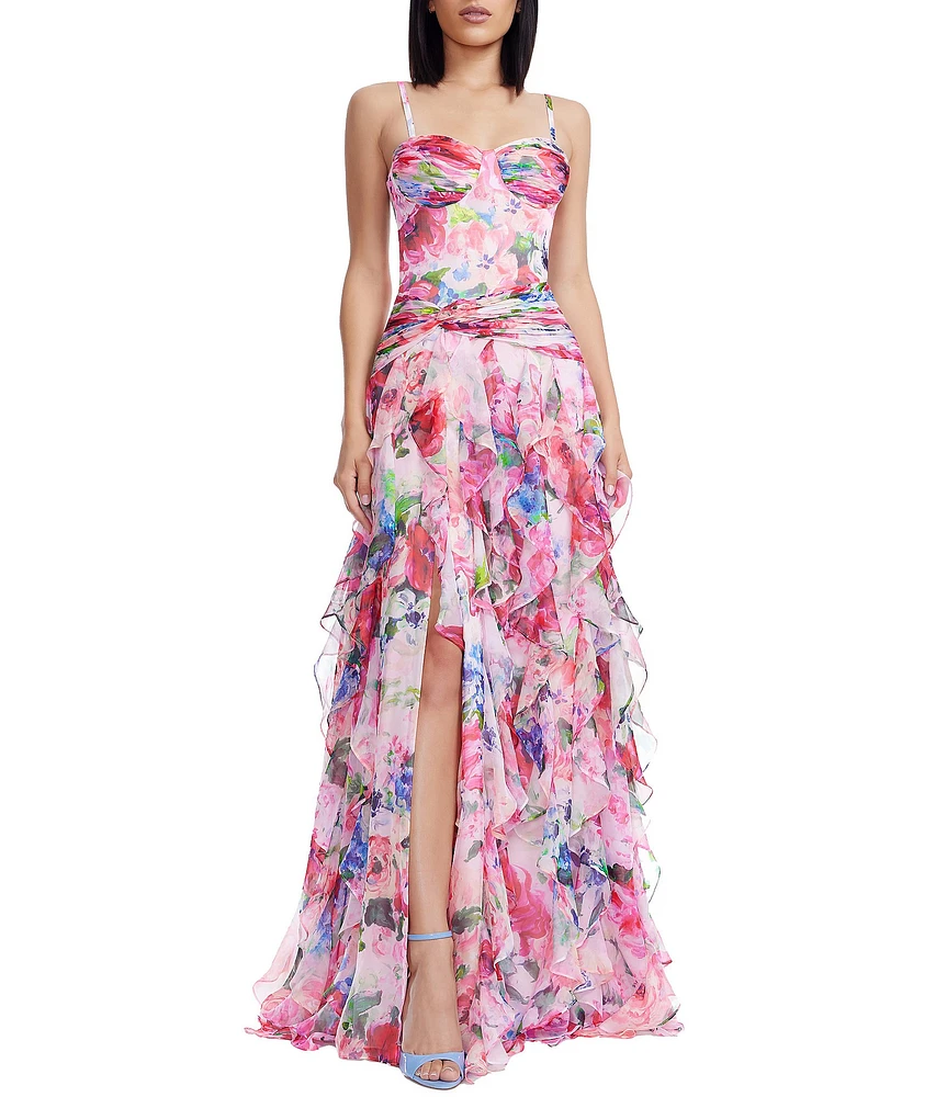 Dress the Population Lux Floral Print Sweetheart Neckline Ruffle Maxi Dress
