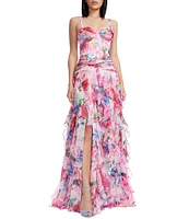 Dress the Population Lux Floral Print Sweetheart Neckline Ruffle Maxi Dress