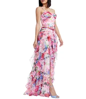 Dress the Population Lux Floral Print Sweetheart Neckline Ruffle Maxi Dress