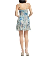 Dress the Population Marlow Sweetheart Neck Bustier Tie Dye Metallic Chiffon Ruffle Hem Mini Dress