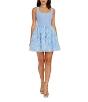 Dress the Population Melanie Sweetheart Neck Sleeveless 3D Floral Rosette Skirt Drop Waist Mini Dress