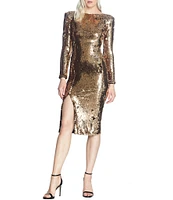 Dress the Population Natalie Boat Neck Long Sleeve Sequin Sheath Dress