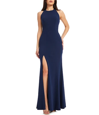 Dress the Population Paige Halter Neck Sleeveless Open Back Side Slit Mermaid Gown