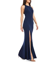 Dress the Population Paige Halter Neck Sleeveless Open Back Side Slit Mermaid Gown