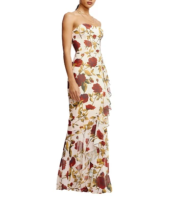 Dress the Population Paris Floral Print Strapless Neck Sleeveless Ruffle Gown