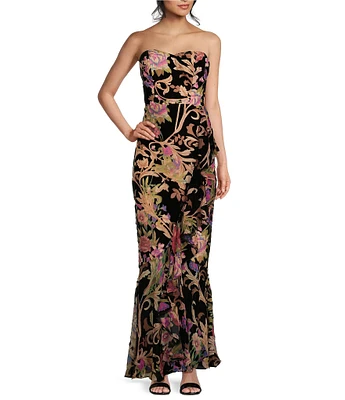 Dress the Population Paris Floral Print Velvet Strapless Ruffled Mermaid Gown