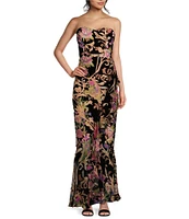 Dress the Population Paris Floral Print Velvet Strapless Ruffled Mermaid Gown