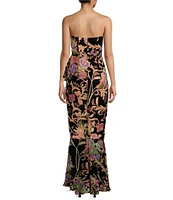 Dress the Population Paris Floral Print Velvet Strapless Ruffled Mermaid Gown