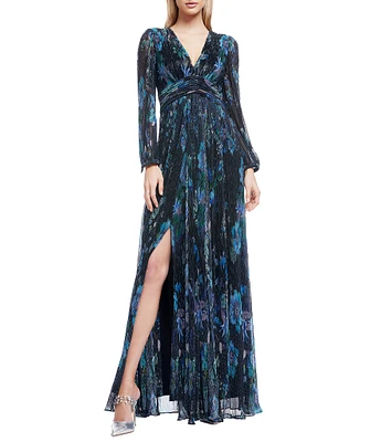 Dress the Population Pauline Metallic Floral Plunge V-Neck Long Sleeve Side Slit Gown