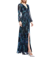 Dress the Population Pauline Metallic Floral Plunge V-Neck Long Sleeve Side Slit Gown