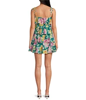Dress the Population Pixie Metallic Floral Print Square Neck Sleeveless Tiered Ruffle A-Line Mini Dress