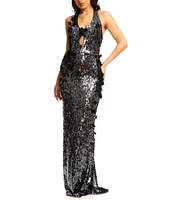 Dress the Population Priscilla Sequin Halter Neck Sleeveless Front Keyhole Mermaid Dress