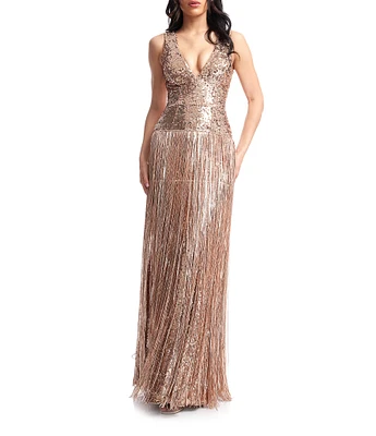 Dress The Population Reign Sequin Fringe Deep V-Neck Sleeveless Bodycon Mermaid Gown