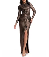 Dress The Population Romera Metallic High Neck Long Sleeve Wrapped Drape Sheath Gown