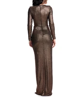 Dress The Population Romera Metallic High Neck Long Sleeve Wrapped Drape Sheath Gown