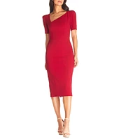 Dress the Population Ruth Asymmetrical Neck Short Sleeve Back Slit Sheath Midi Dress