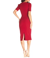 Dress the Population Ruth Asymmetrical Neck Short Sleeve Back Slit Sheath Midi Dress