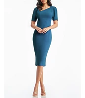 Dress the Population Ruth Asymmetrical Neck Short Sleeve Back Slit Sheath Midi Dress