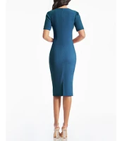 Dress the Population Ruth Asymmetrical Neck Short Sleeve Back Slit Sheath Midi Dress