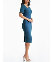 Dress the Population Ruth Asymmetrical Neck Short Sleeve Back Slit Sheath Midi Dress