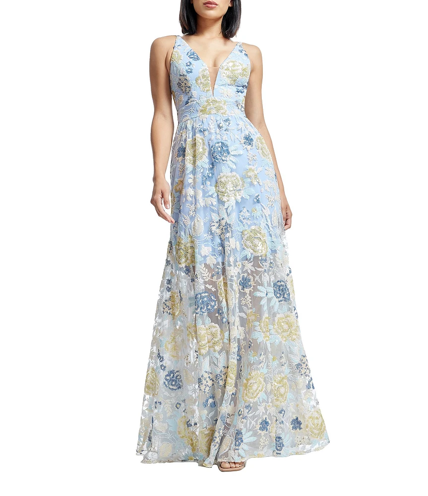 Dress the Population Samira Double V-neck Floral Embroidered Sequin Aline Gown