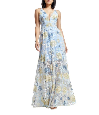 Dress the Population Samira Double V-neck Floral Embroidered Sequin Aline Gown