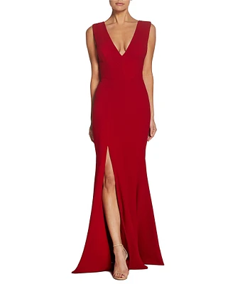 Dress the Population Sandra Crepe Plunge V-Neck Sleeveless Side Slit Gown