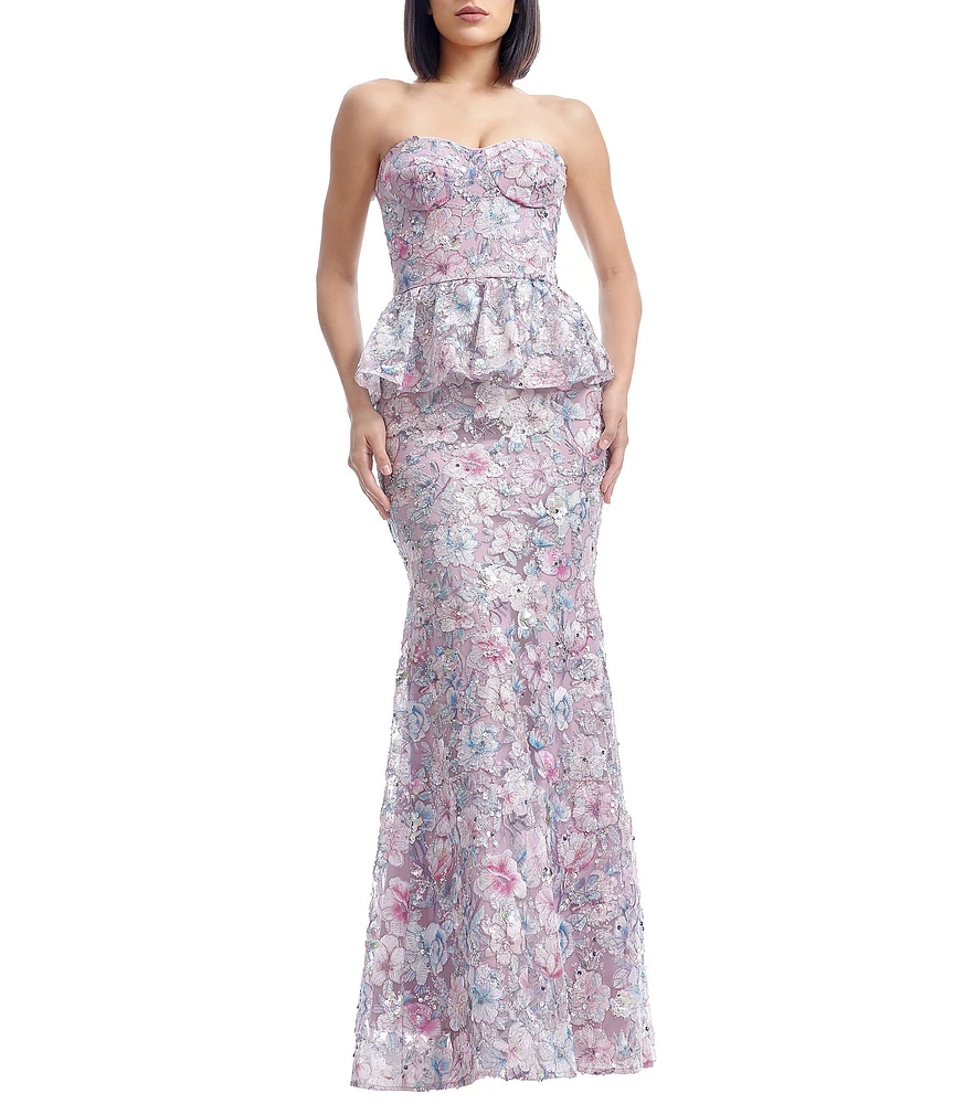 Dress the Population Scarlett Floral Embroidered Lace Strapless Neck Sleeveless Peplum Mermaid Gown