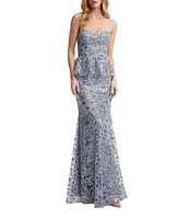 Dress the Population Scarlett Sequin Floral Print Strapless Neck Sleeveless Peplum Gown