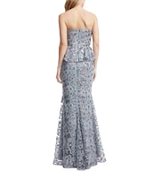 Dress the Population Scarlett Sequin Floral Print Strapless Neck Sleeveless Peplum Gown
