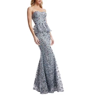 Dress the Population Scarlett Sequin Floral Print Strapless Neck Sleeveless Peplum Gown