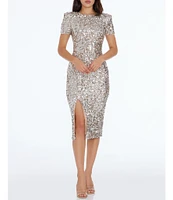 Dress the Population Sequin Boat Neck Short Sleeve Side Slit Dress