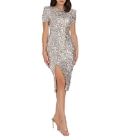 Dress the Population Sequin Boat Neck Short Sleeve Side Slit Dress