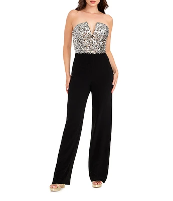 Dress the Population Sequin Bodice Strapless V-Neck Sleeveless Jumpsuit