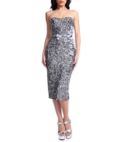 Dress the Population Shailene Sequin Sweetheart Strapless Neck Sleeveless 3D Flower Bodycon Midi Dress